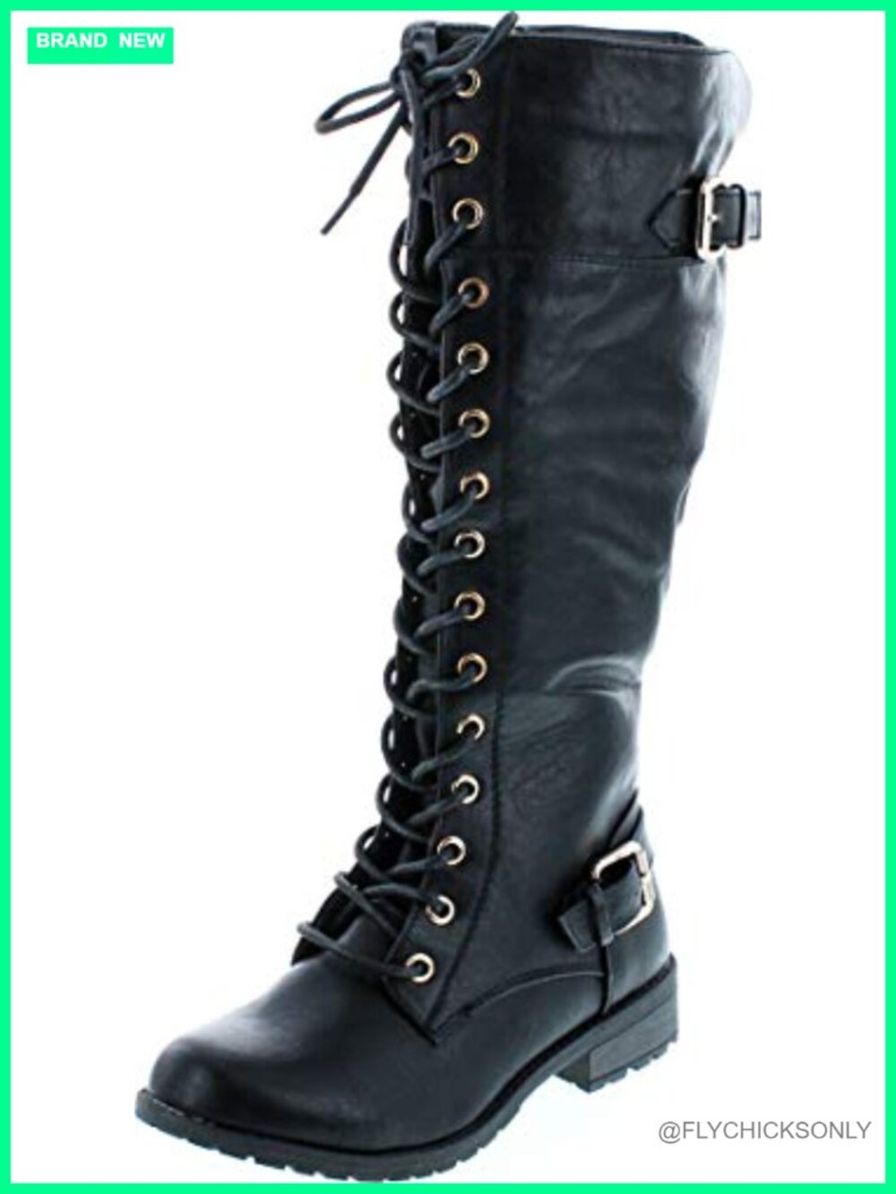 Knee High Riding Boots Faux Leather Block Heel Buckle Lace Up Zip